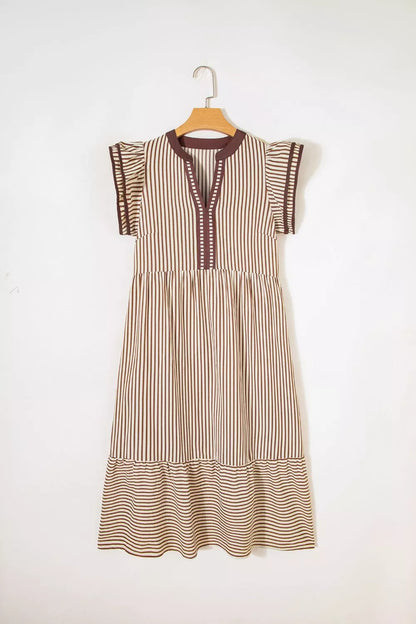 Stripe Plus Size Slit V Neck Tiered Flutter Sleeve Dress