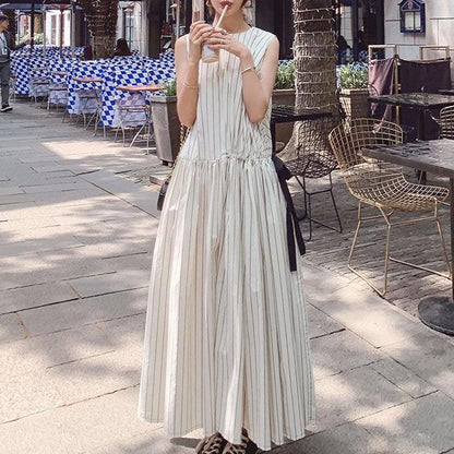 Chic Stripe Printed Drawstring Maxi Dress