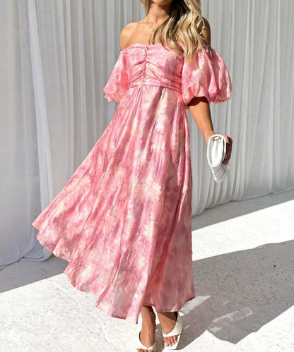 Elegant Floral Bubble Sleeves Maxi Dress