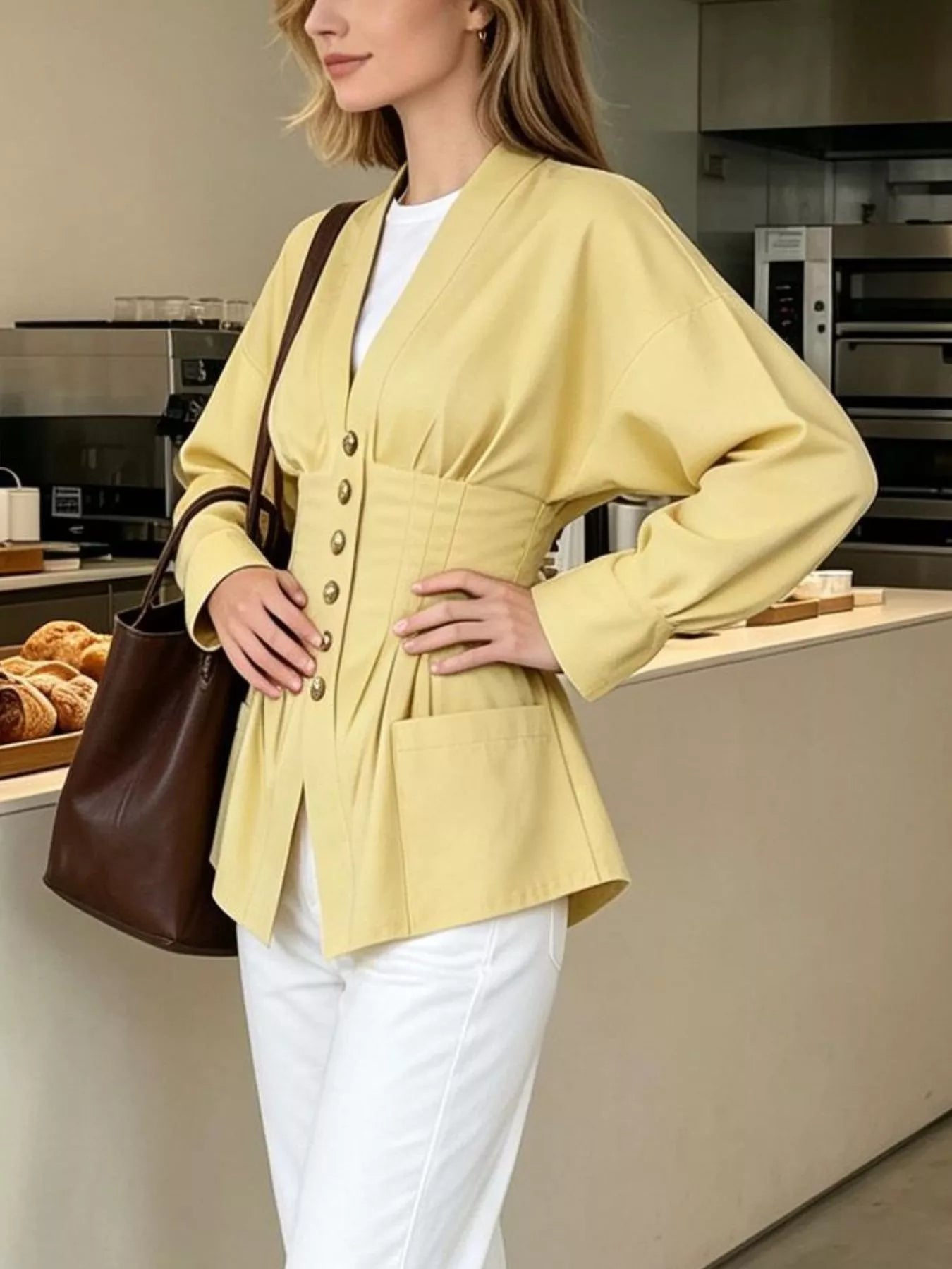 Pleated Waist Blouse with Button Detail