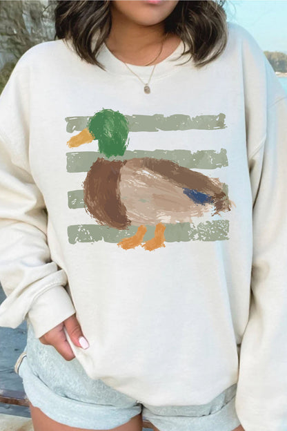 White Western Duck Graphic Casual Pullover Sweatshirt