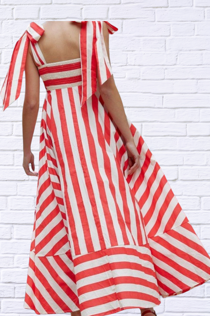 Striped Red And White Square Neck Wide Strap Dress