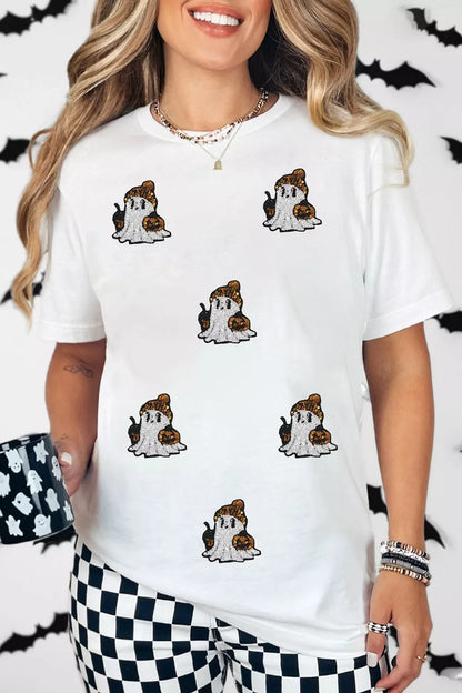 Full Size Halloween Sequin Ghost Print Short Sleeve Casual T-Shirt Plus Size