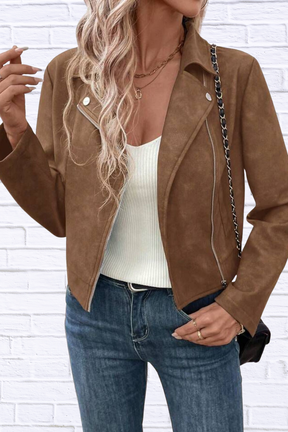 Zip Up Suede Cropped Moto Jacket