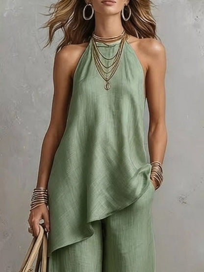 Full Size Asymmetrical Hem Cami and Wide Leg Pants Set Plus Size