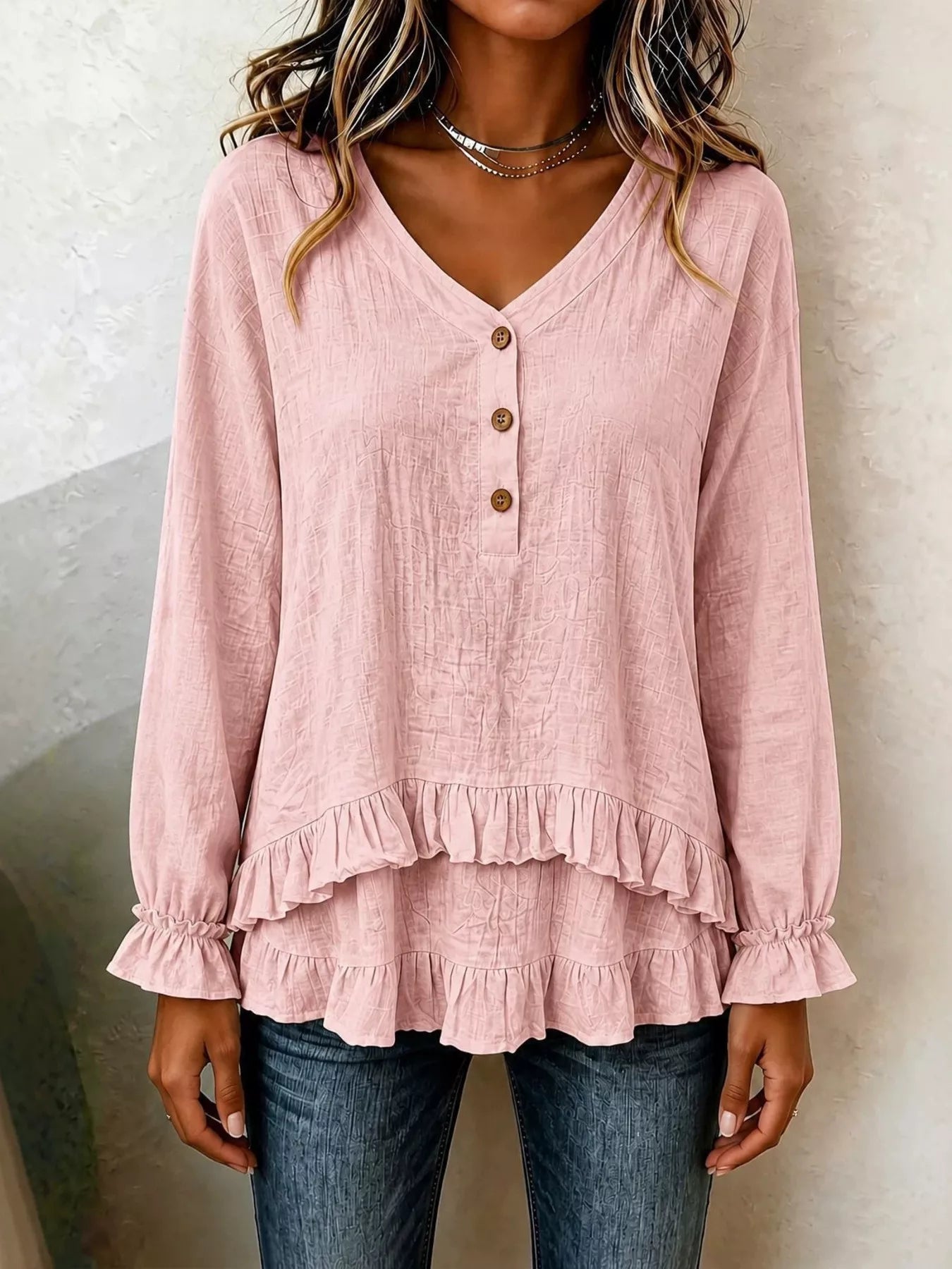Ruffled Hem Long Sleeve Blouse