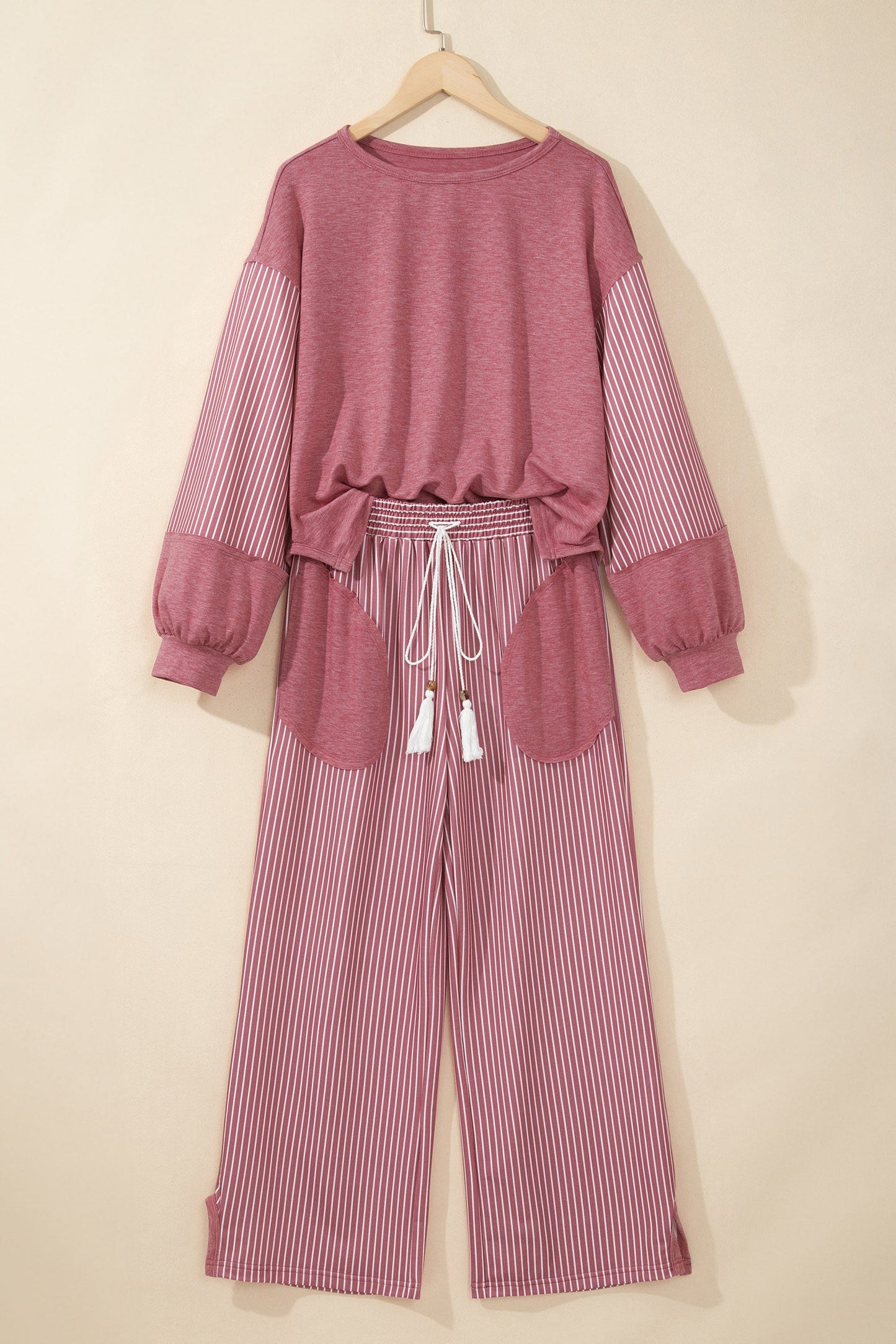Fushia Raw Seam Patchwork Long Sleeve Top Pocket Casual Pants 2pcs Set
