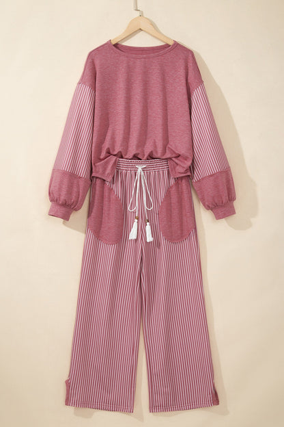 Fushia Raw Seam Patchwork Long Sleeve Top Pocket Casual Pants 2pcs Set