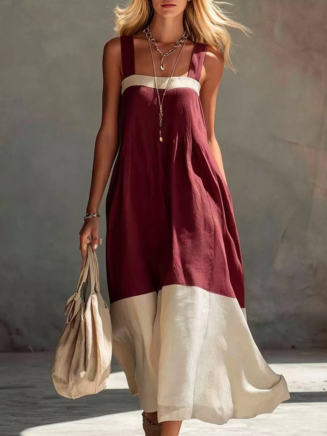 Color-Block Sleeveless Linen-Blend Midi Dress