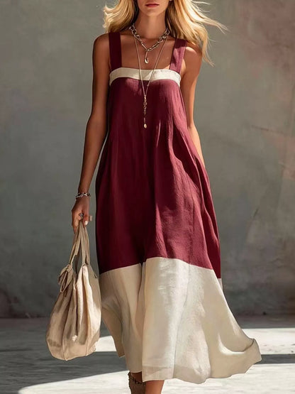 Color-Block Sleeveless Linen-Blend Midi Dress