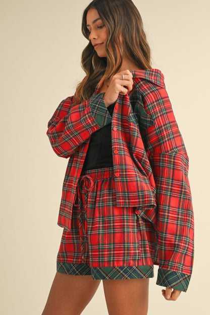 Blue Zone Planet | Annie Wear Contrast Plaid Long Sleeve Top And Shorts Pajama Set