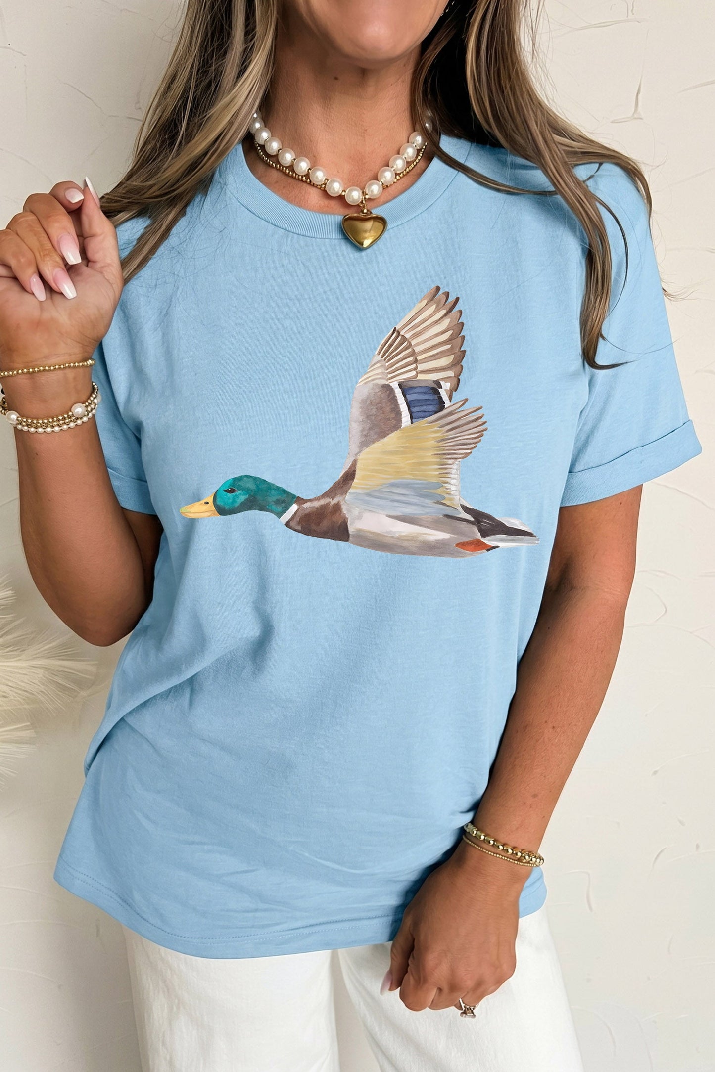 Light Blue Flying Mallard Print Western Graphic Tee