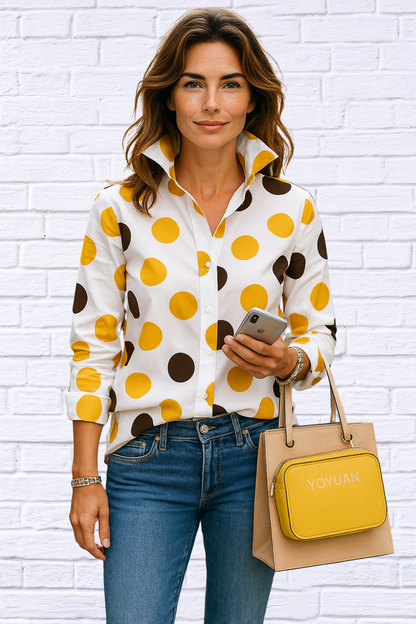 Polka Dot Asymmetrical Shirt with Flared Sleeve