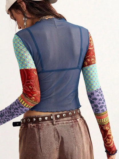 Floral Print Mesh Mock Neck Long Sleeve Top