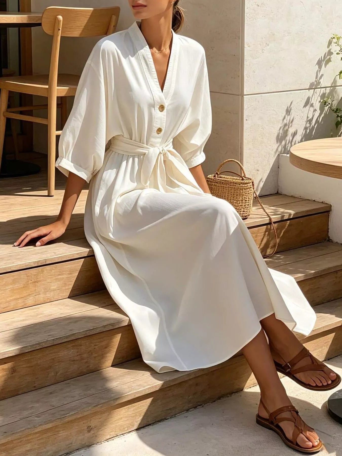 Full Size Tie Waist V-Neck Midi Dress Plus Size