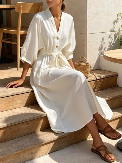 Full Size Tie Waist V-Neck Midi Dress Plus Size