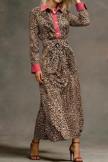 Leopard Print Belted Maxi Shirt Dress