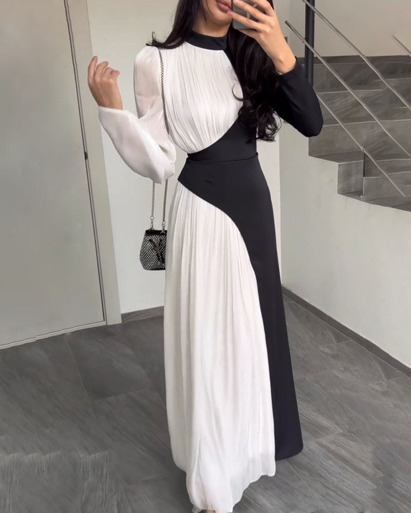 Elegant Colorblock Long Sleeve Slim Fit Dress