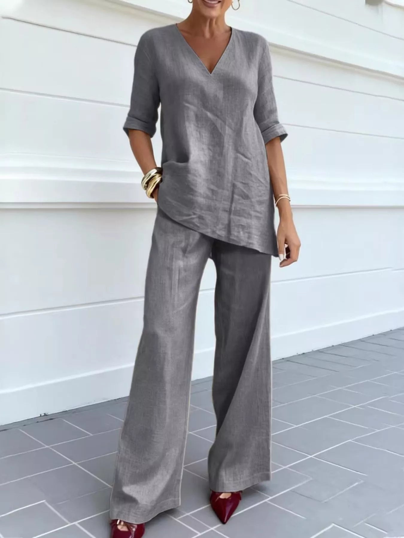 Full Size V-Neck Half Sleeve Top and Pants Set Plus Size