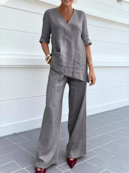 Full Size V-Neck Half Sleeve Top and Pants Set Plus Size