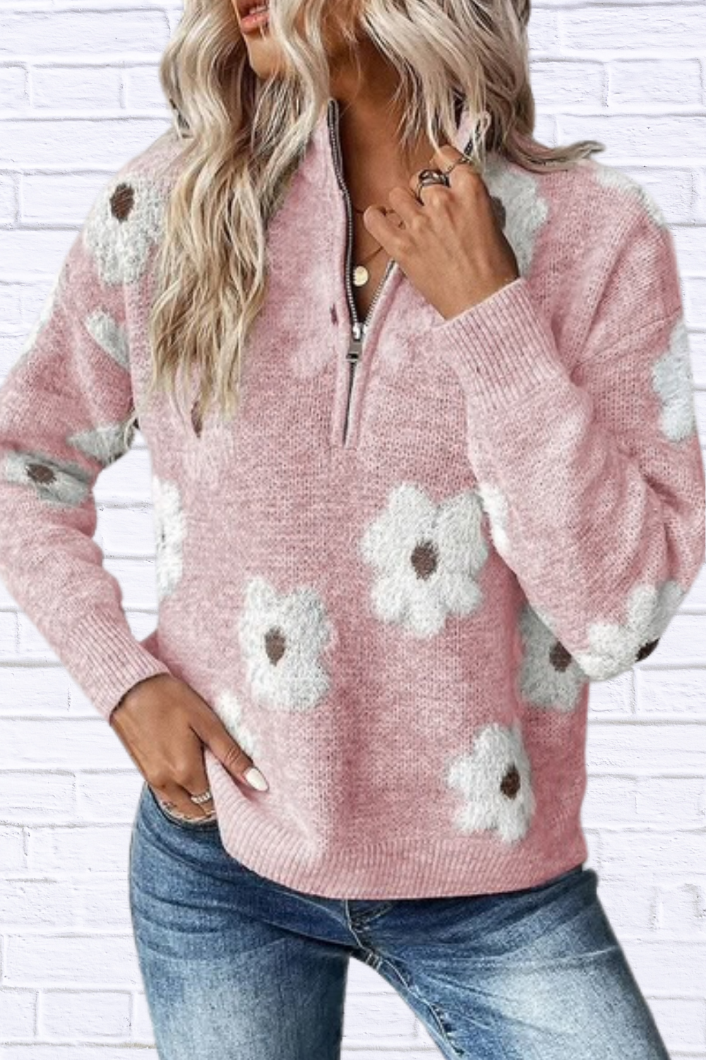 Women Floral Pattern Zip Drop Shoulder Sweater