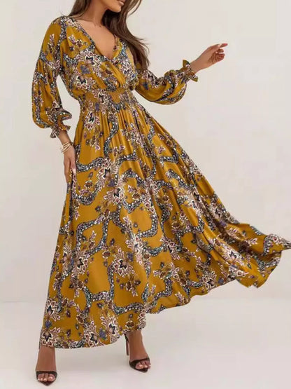 Bohemian Printed Maxi Dress with Plunging Neckline