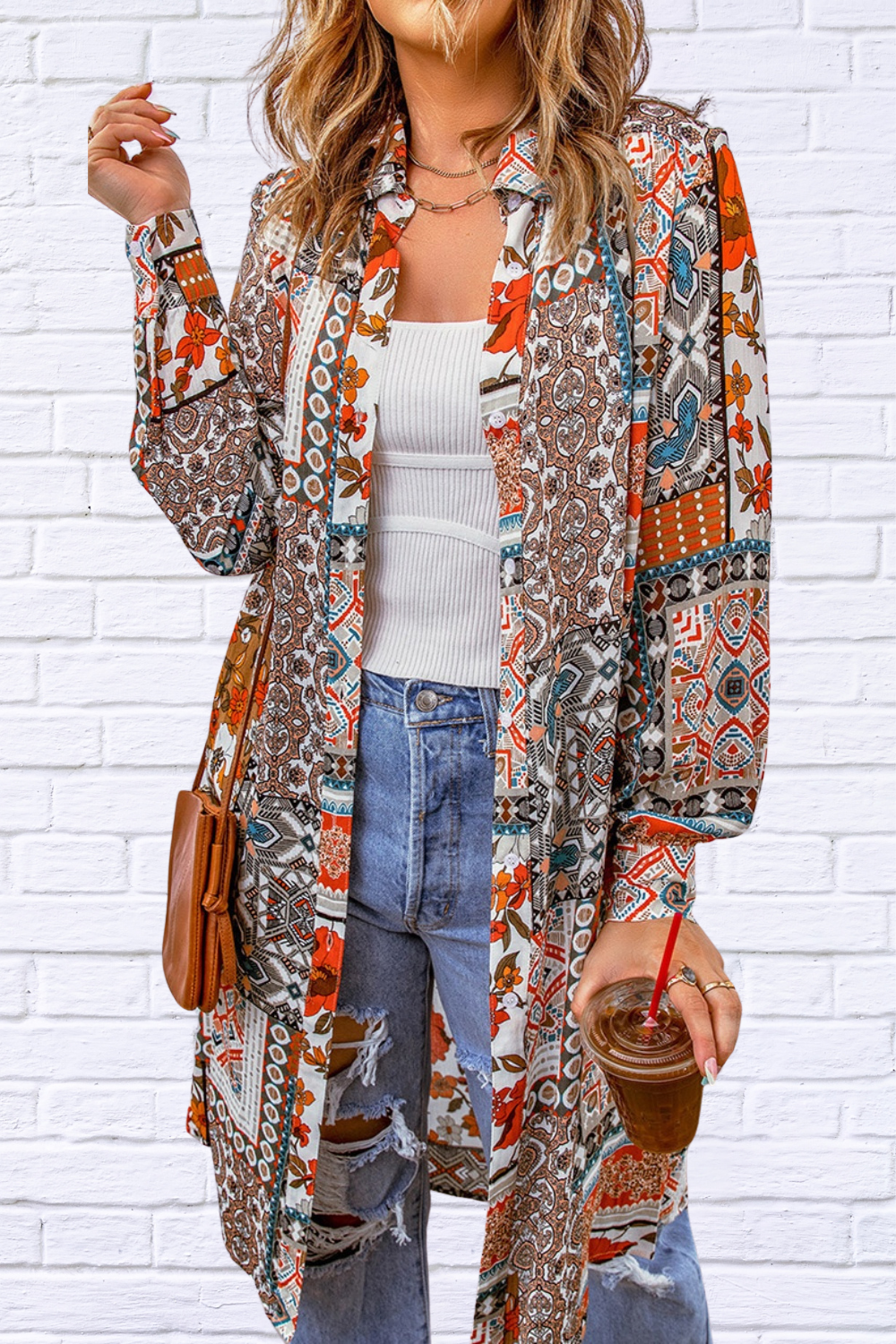 Printed Button Up Long Sleeve Top