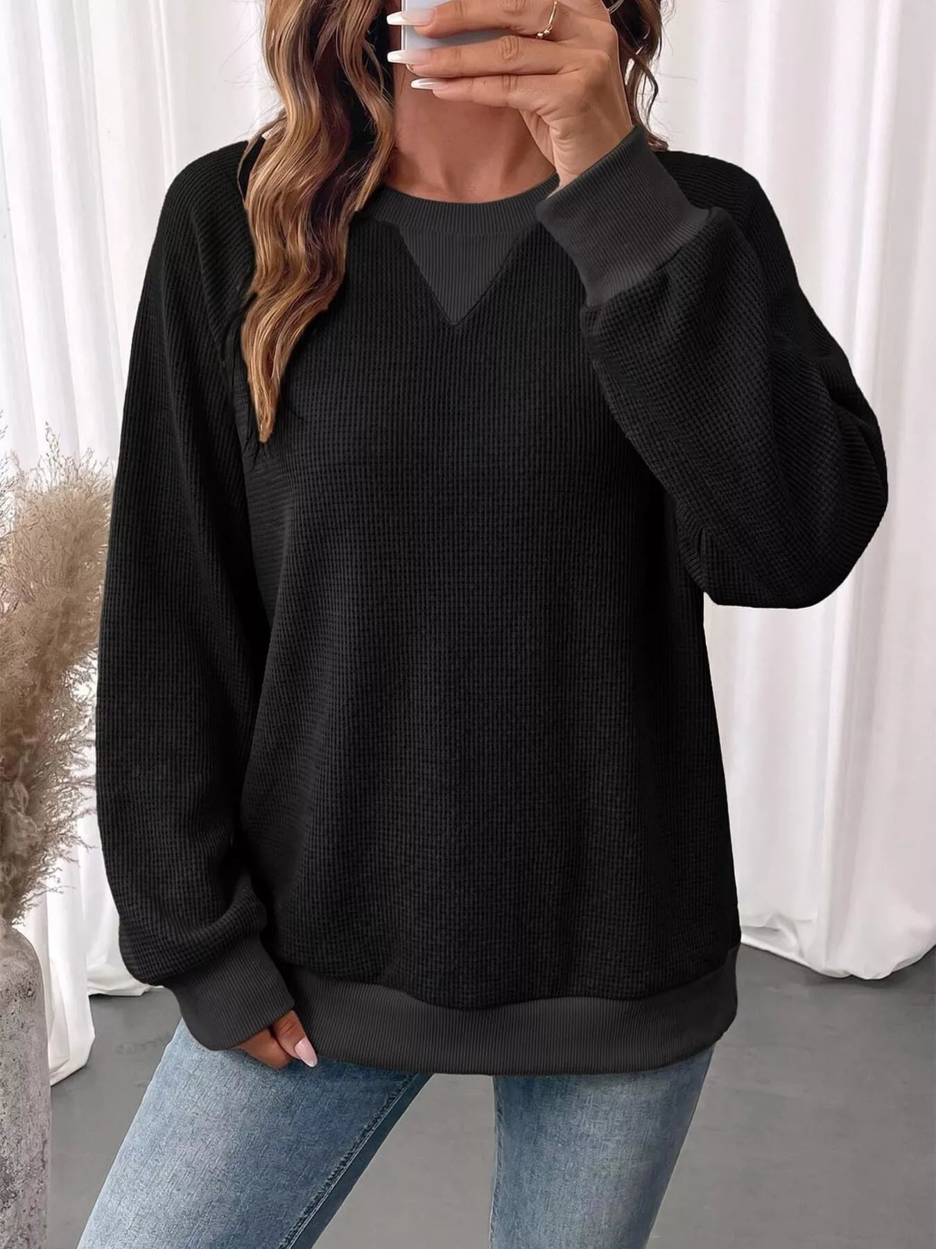 Waffle Knit Crew Neck Long Sleeve Sweatshirt