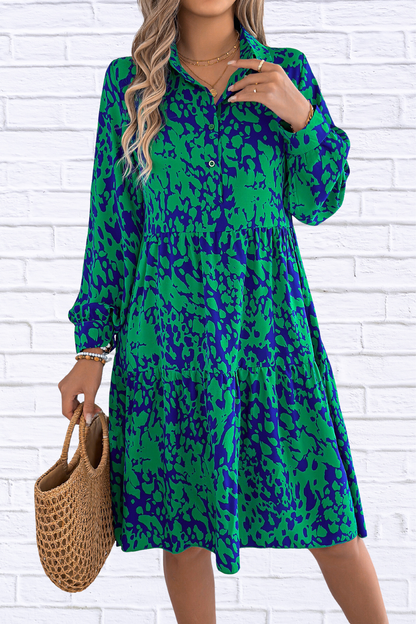 Printed Collared Neck Buttoned Tiered Long Sleeve Dress