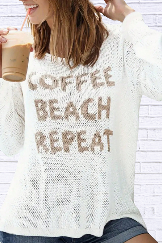 Coffee Beach Letter Side Slit Knit Top