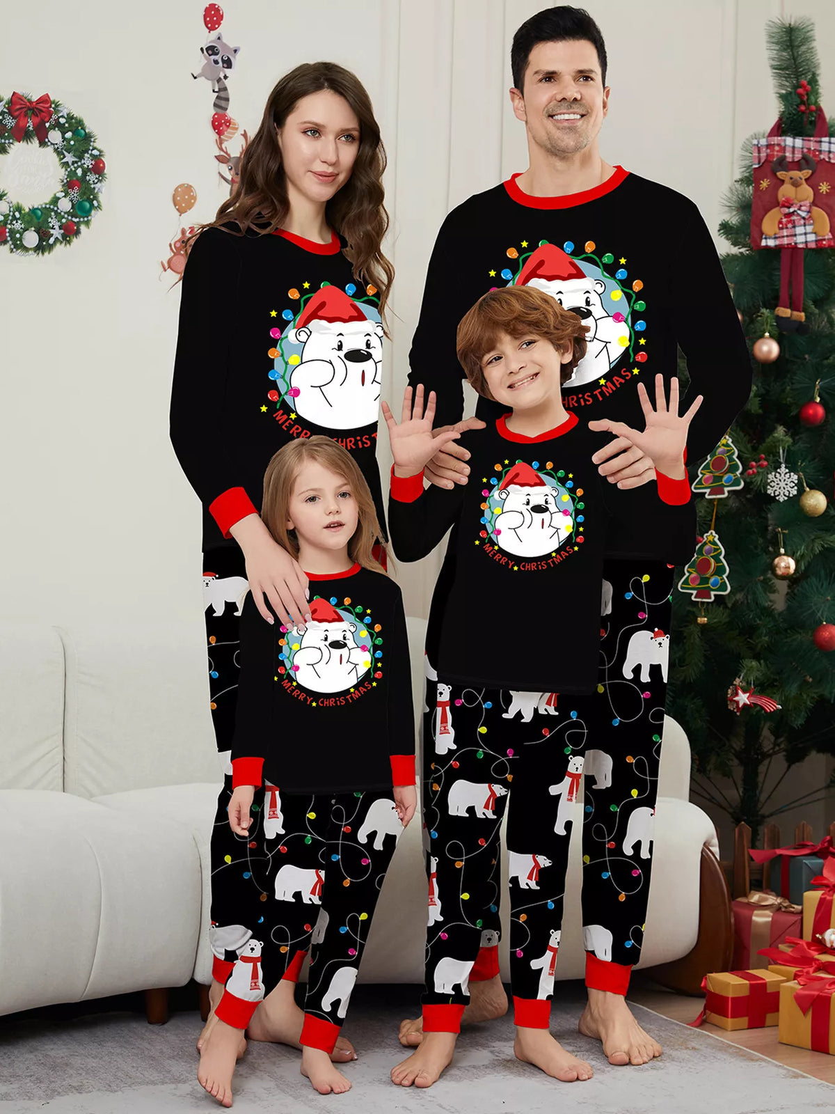 Full Size Family Matching Christmas Pajamas Set with Polar Bear Print Plus Size