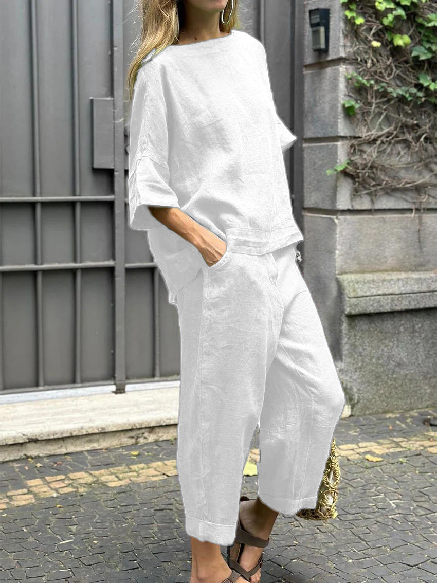 Casual Solid Color Crewneck Top & Pants Cotton Linen Two-piece Set