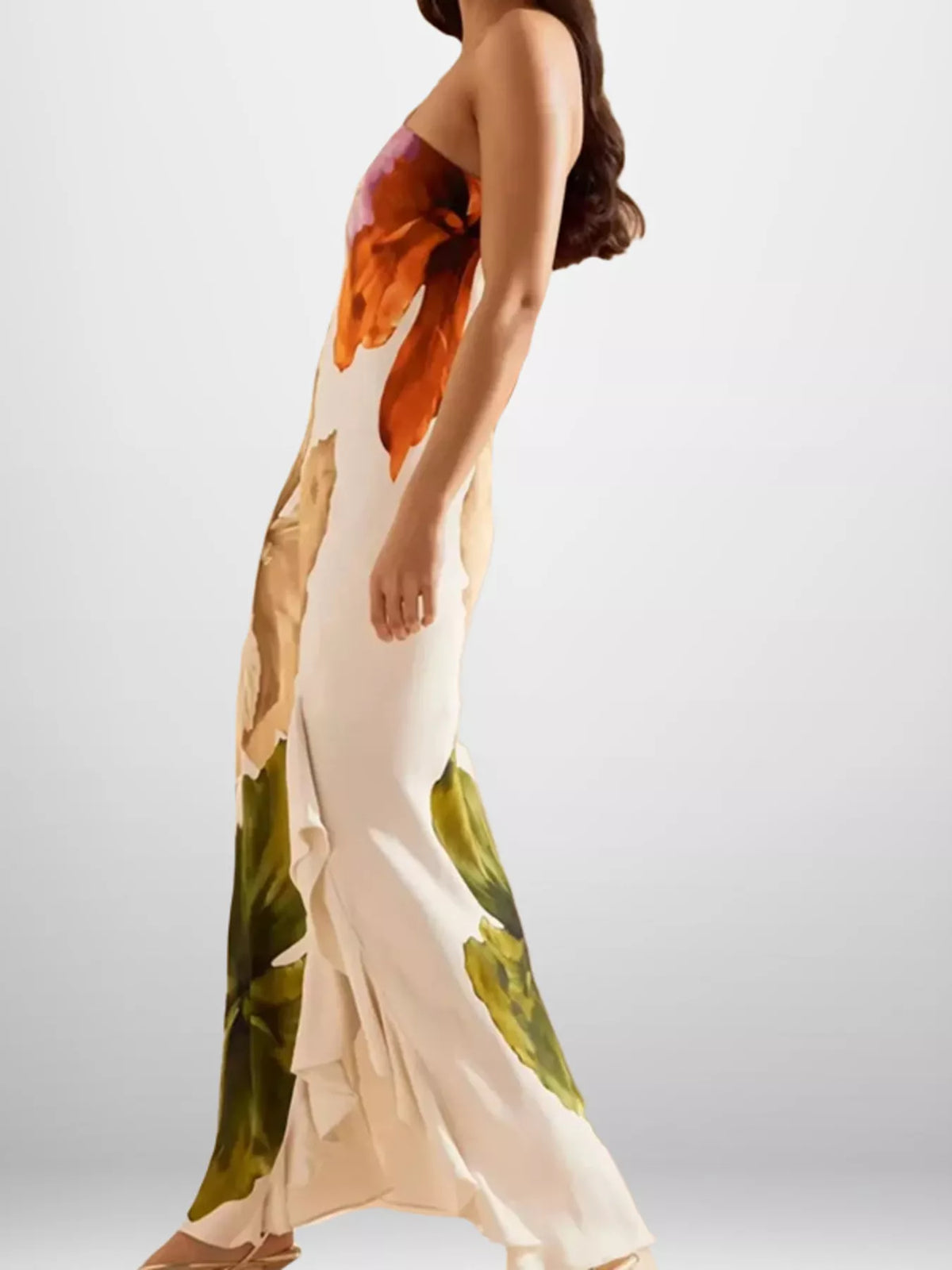 Full Size One-Shoulder Floral Print Satin Maxi Dress Plus Size