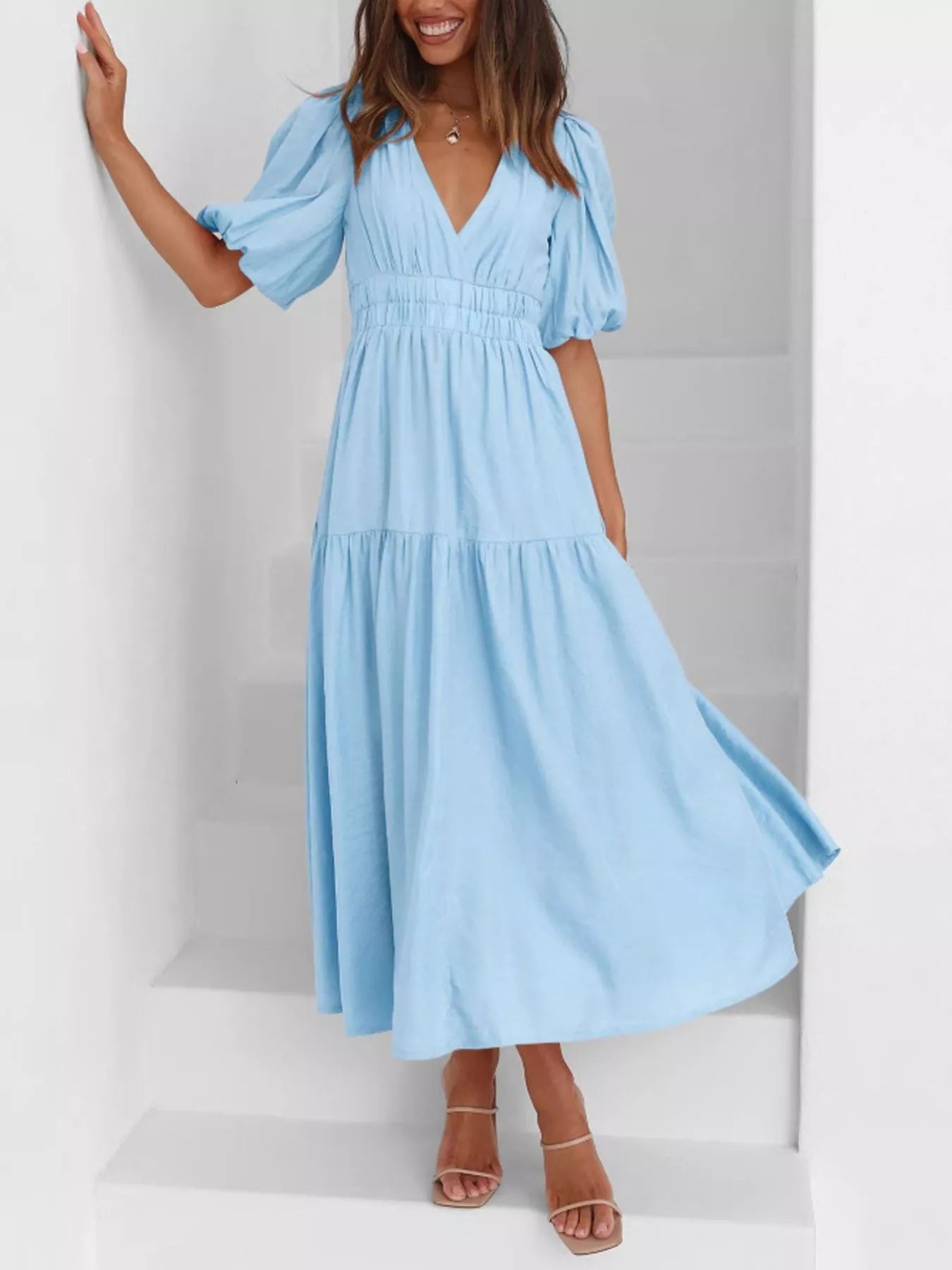Elegant Puff Sleeve V-Neck Midi Dress
