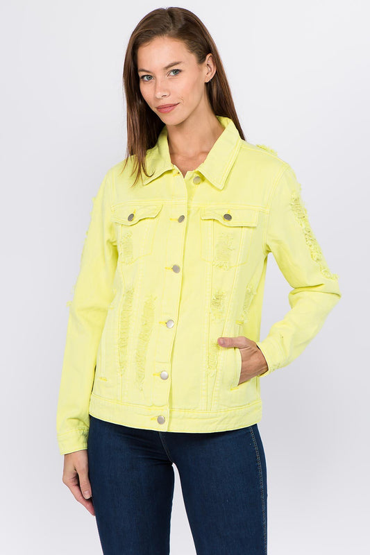 Blue Zone Planet | American Bazi Distressed Back Button Down Denim Jacket