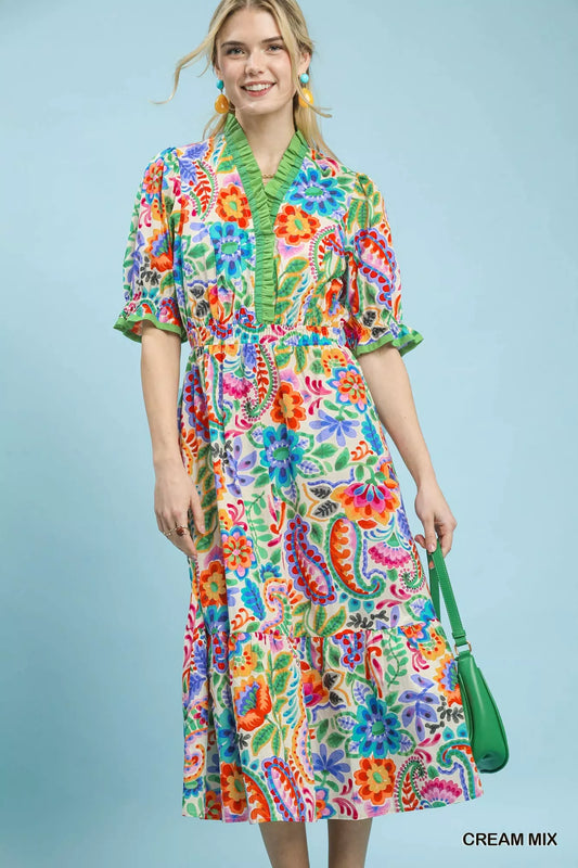 Umgee Mix Floral Midi Dress with Ruffle Trim