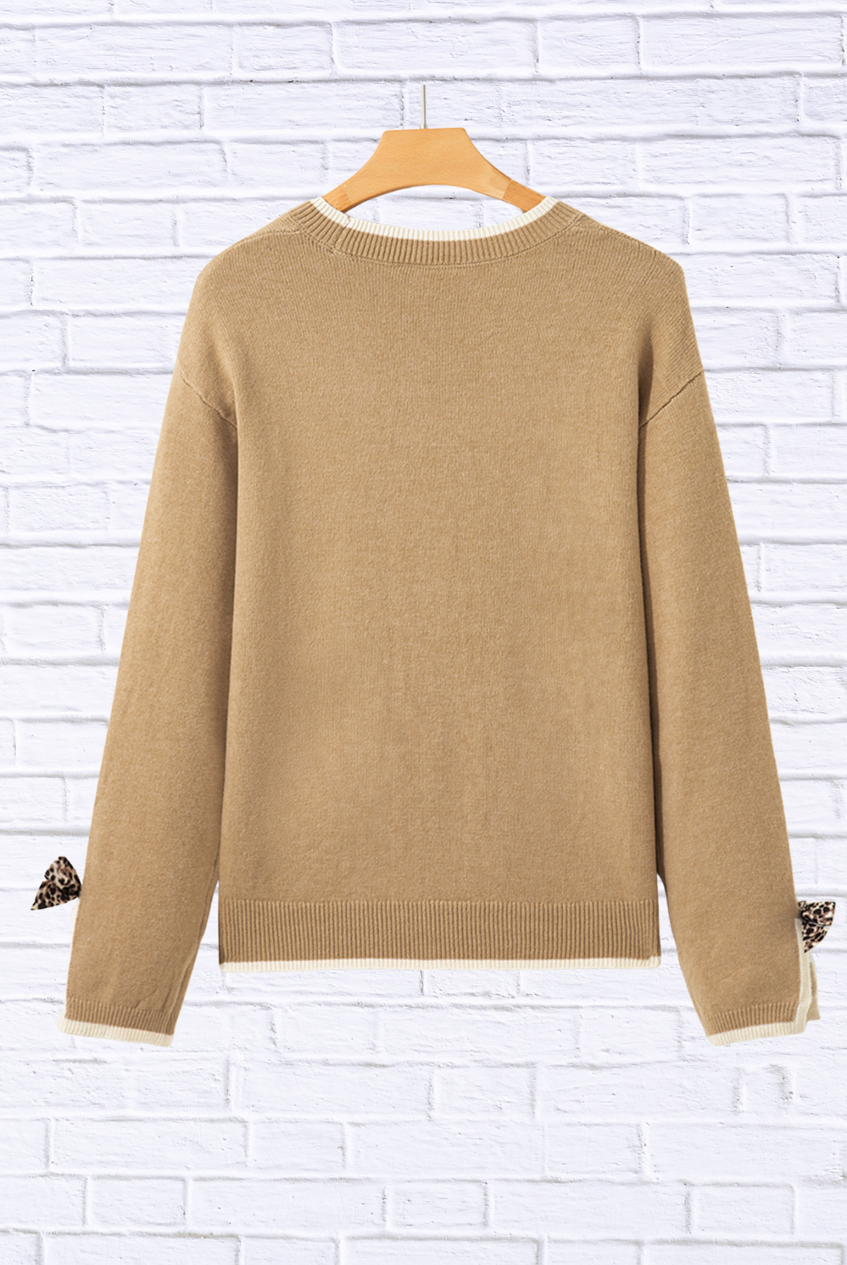 Leopard Bow Decor Split Cuff Contrast Trim Sweater