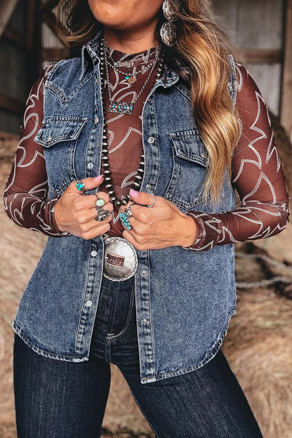 Blue Solid Denim Button Front Pocket Sleeveless Cowboy Vest