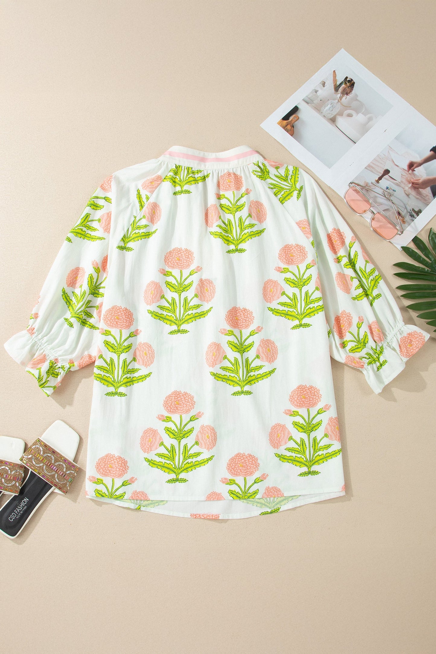 Pink Plus Size Floral Print Striped Trim V Neck Blouse