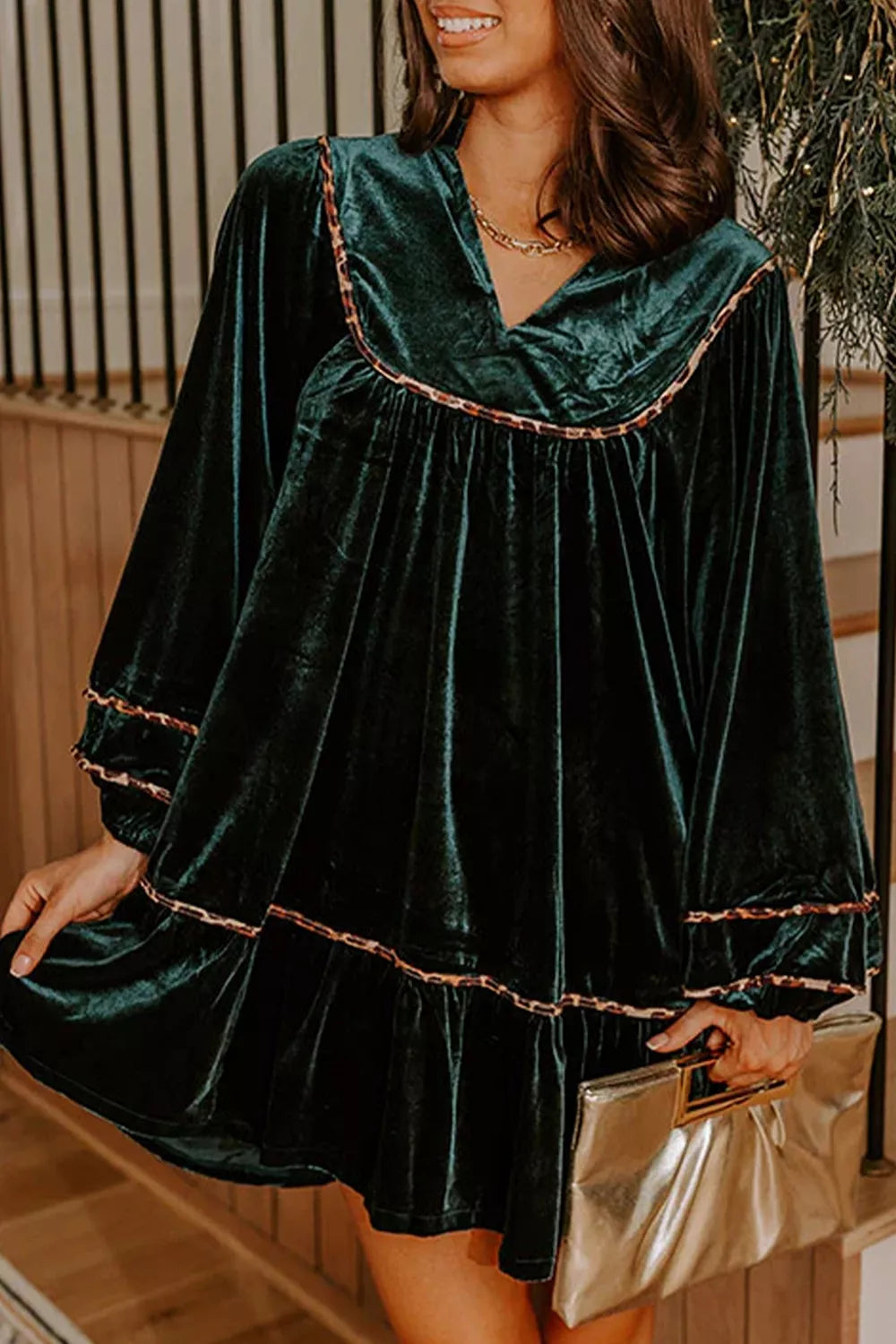 Leopard Trim Velvet Long Sleeve Shift Dress