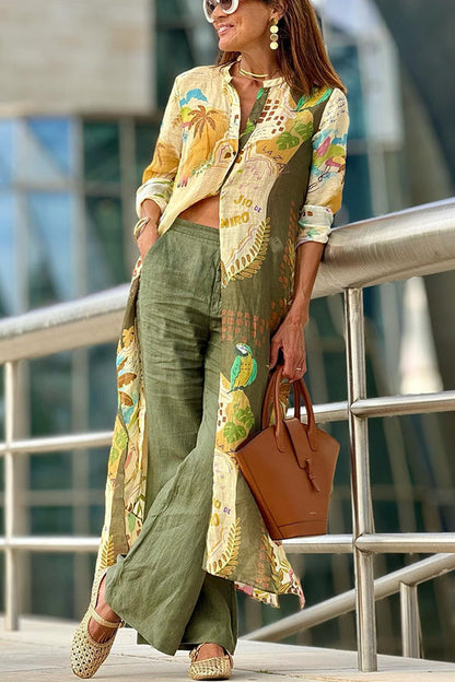 Robe chemise mi-longue boutonnée à manches longues et imprimé unique en lin mélangé Cayla