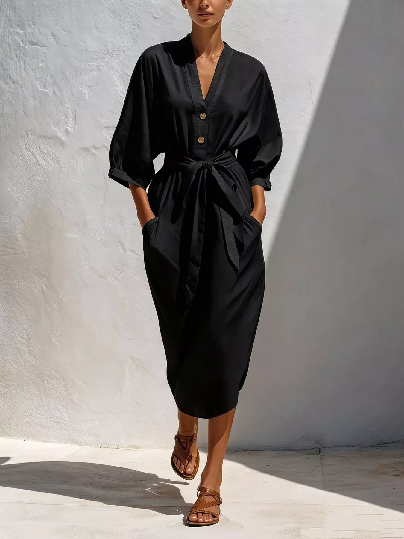 Full Size Tie Waist V-Neck Midi Dress Plus Size