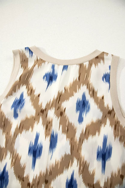 Abstract Print V Neck Sleeveless Midi Dress