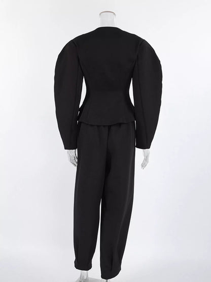 Puffy Sleeve Blazer and Wide-Leg Pants Set