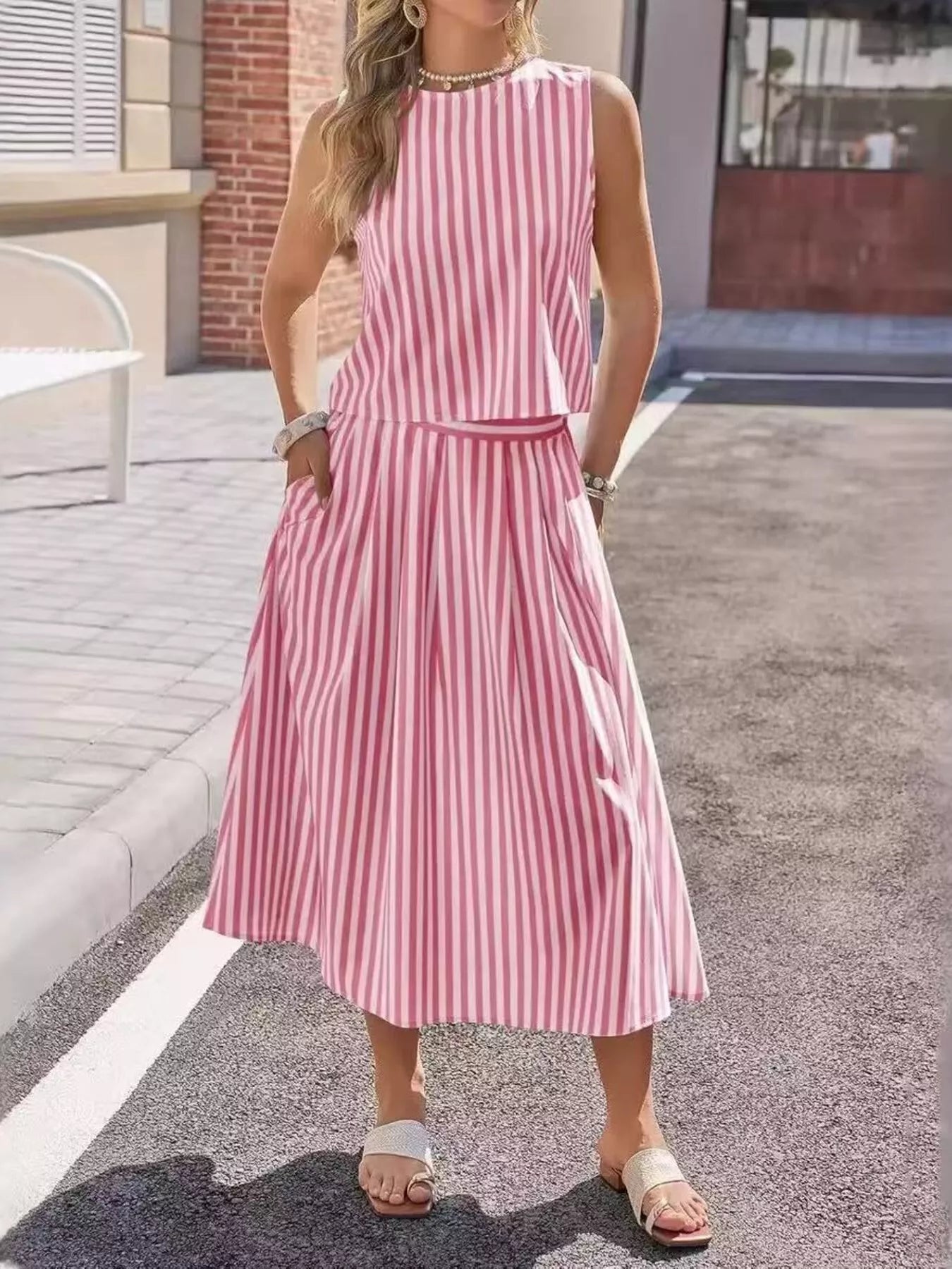 Striped Sleeveless Top and Midi Skirt Two-Piece Set