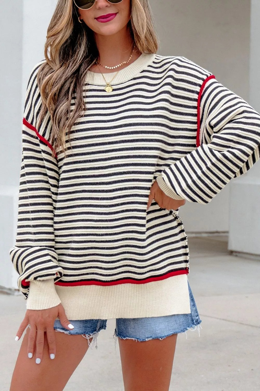 Stripe Ribbed Trim Drop Shoulder Oversized Sweater