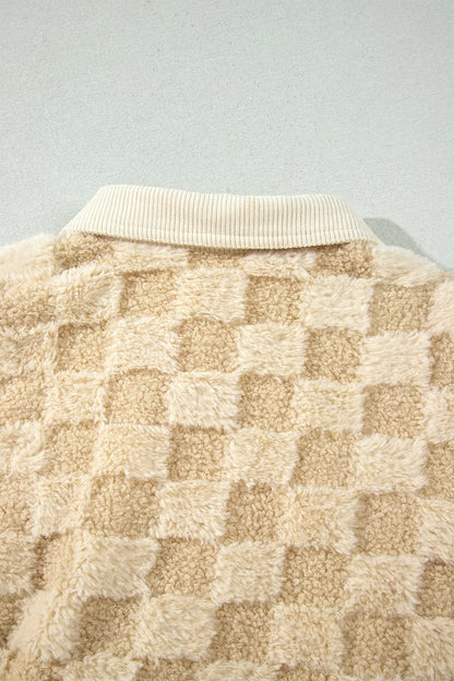 Plush Checkered Corduroy Trim Metal Button Long Sleeve Shift Silhouette Shacket
