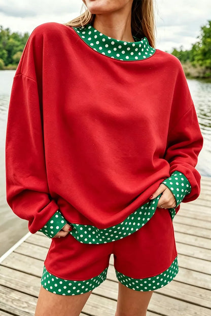 Polka Dot Trim Sweatshirt and Shorts Set