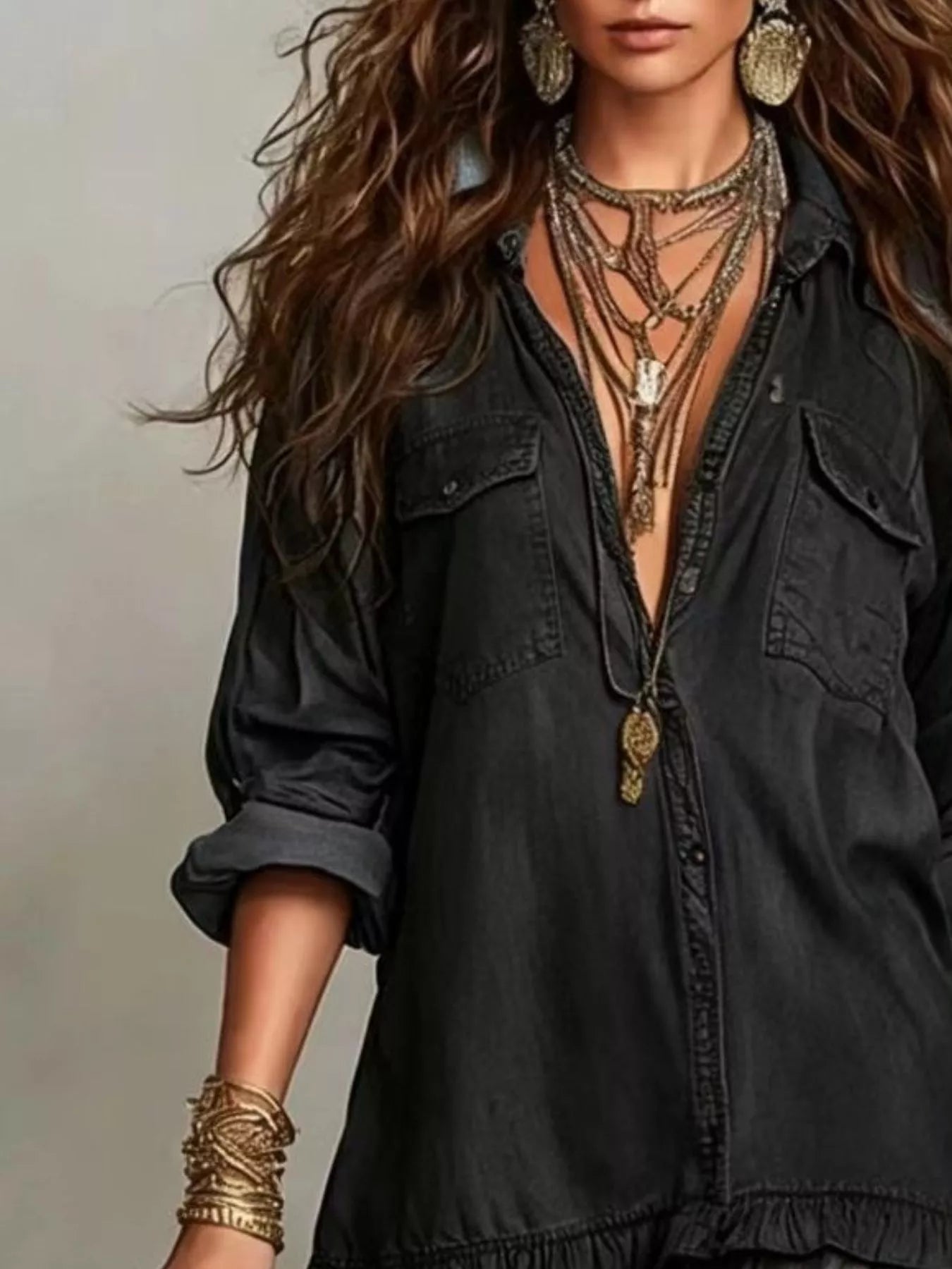Full Size Tiered Long Sleeve Denim Shirt Maxi Dress Plus Size