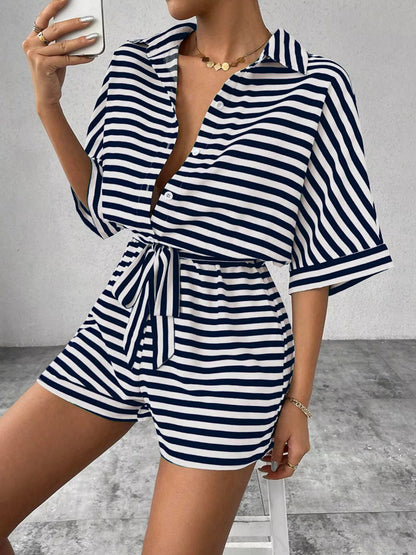 Striped Button Front Half Sleeve Romper
